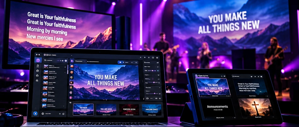Illustrative presentation setup featuring laptop, screens and purple stage lighting